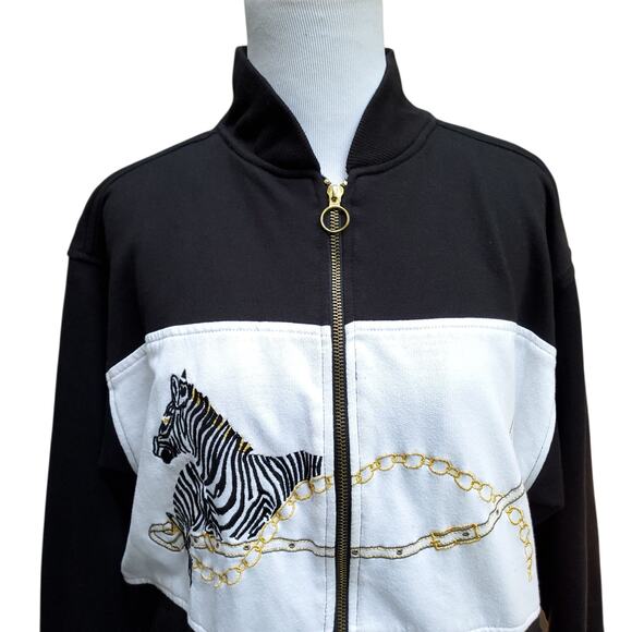 Vintage 90s Mureli Full Zip Sweatshirt Jacket Black White Gold Zebra 1990s Sz M - Picture 2 of 12